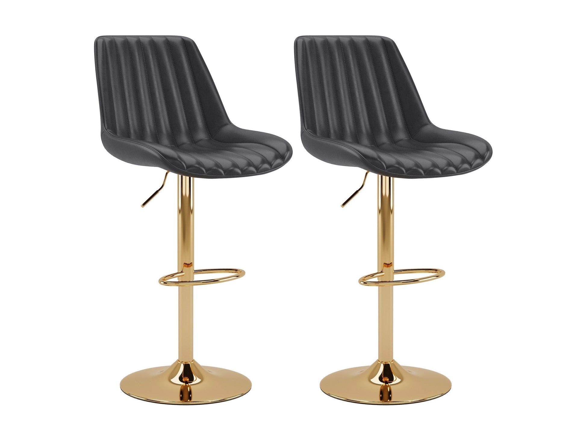 Adjustable black bar stools with gold accents, set of 2, featuring sleek design and comfortable seating.