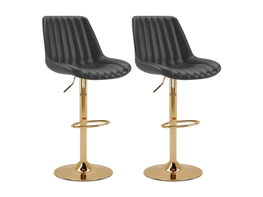 Adjustable black bar stools with gold accents, set of 2, featuring sleek design and comfortable seating.