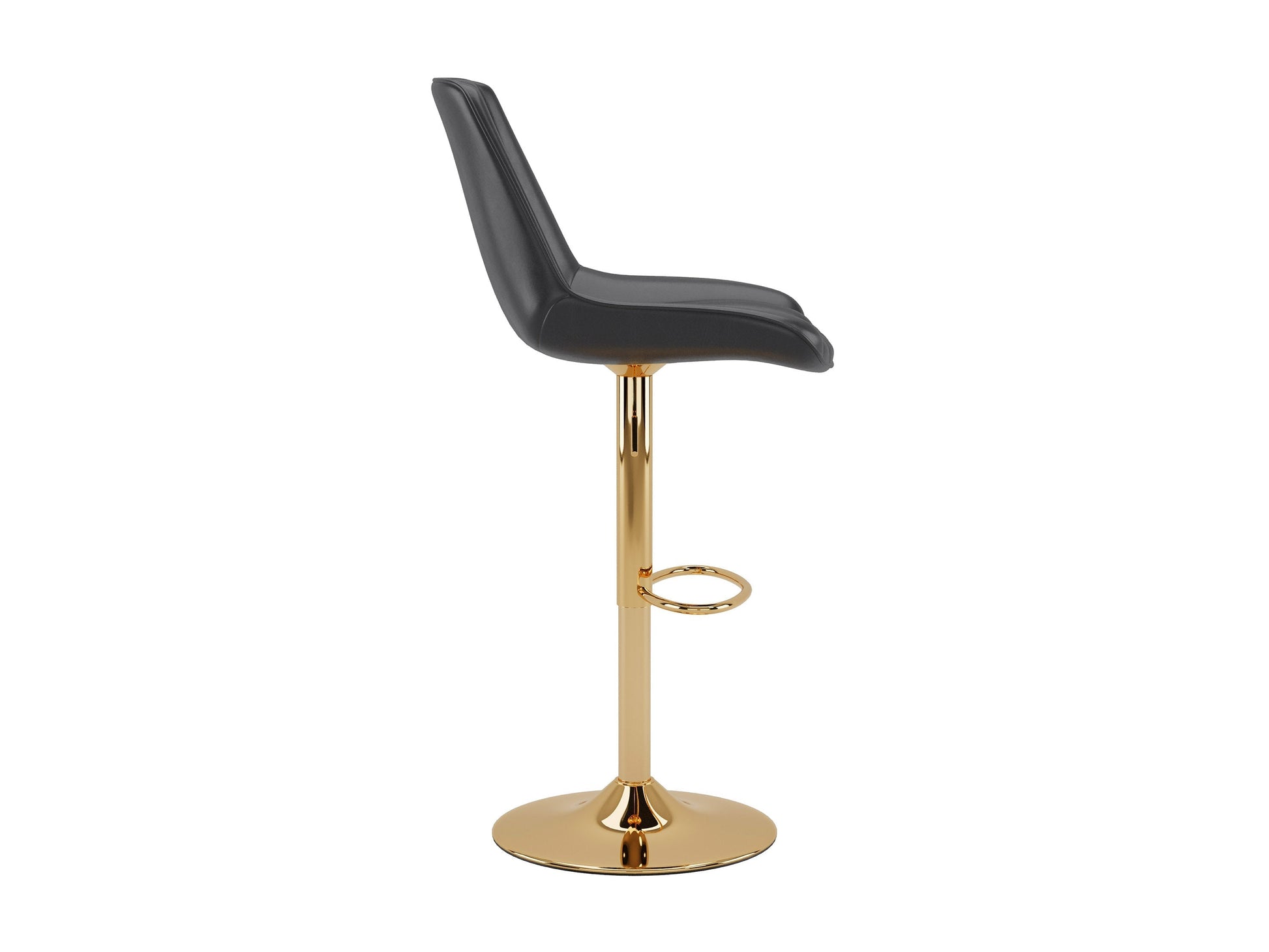 Gold adjustable bar stools, set of 2, black cushioned seats, sleek modern design, metal frame, perfect for kitchen or bar.
