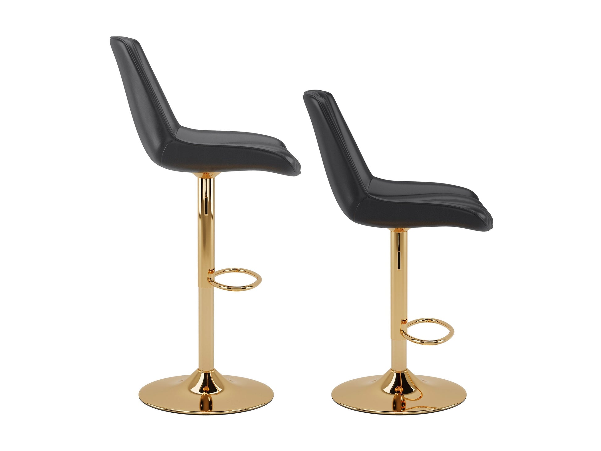 Gold adjustable bar stools, set of 2, with black cushioned seats and sleek modern design.