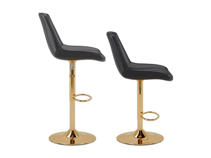Gold adjustable bar stools, set of 2, with black cushioned seats and sleek modern design.
