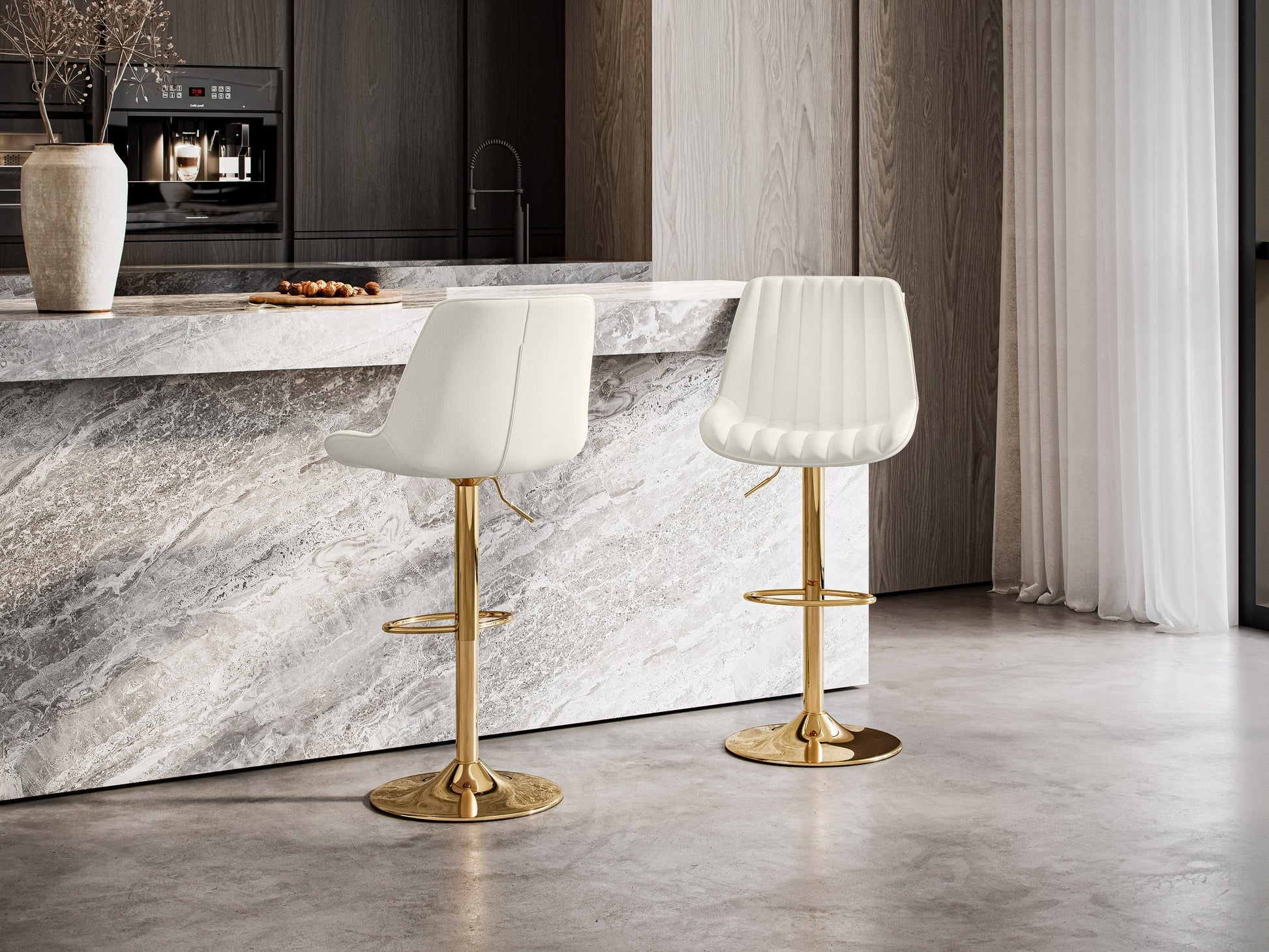 Gold adjustable bar stools, set of 2, white cushioned seats, modern design with footrests and swivel function.