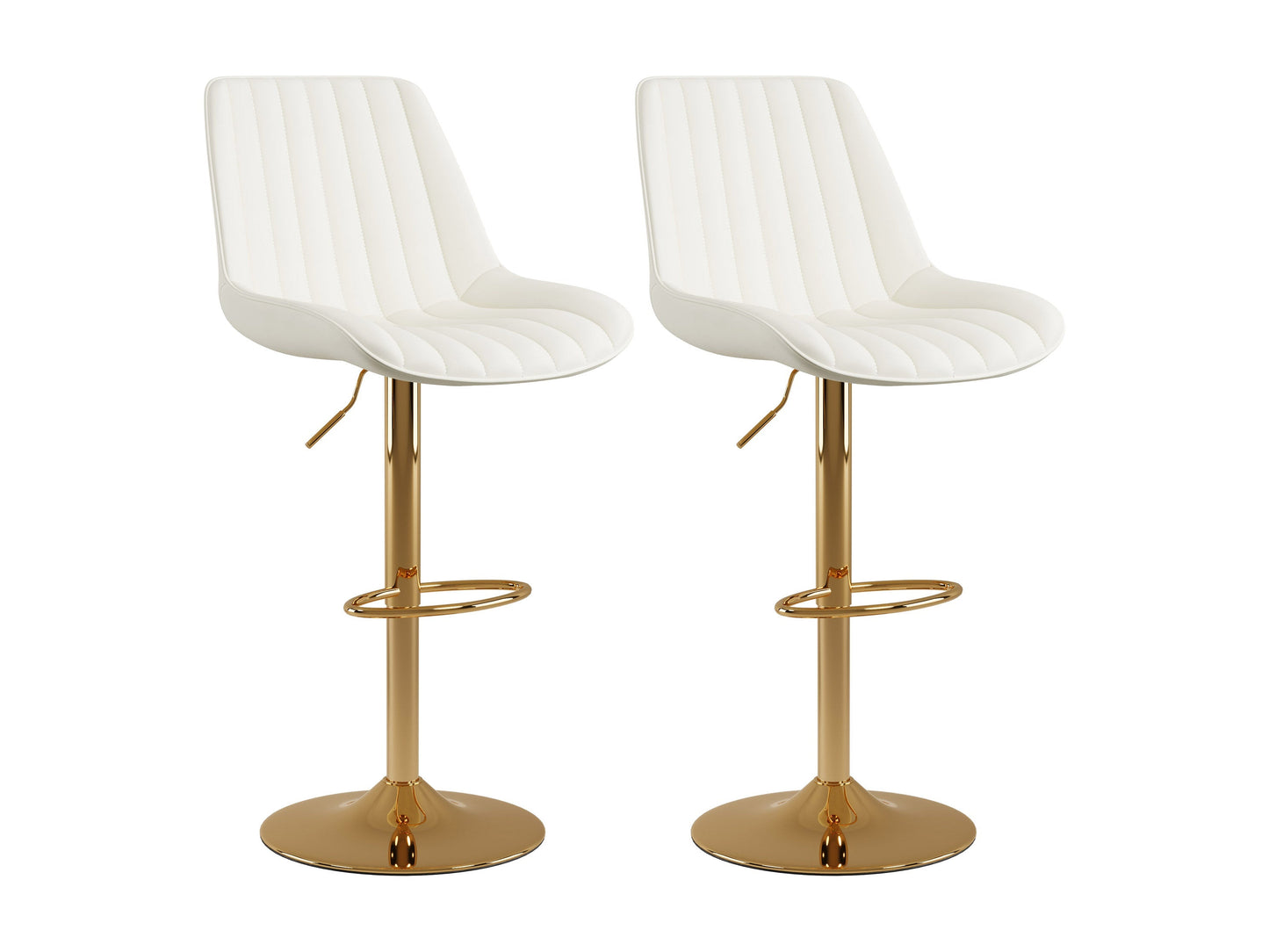 Adjustable white bar stools, set of 2, with gold legs and sleek modern design.