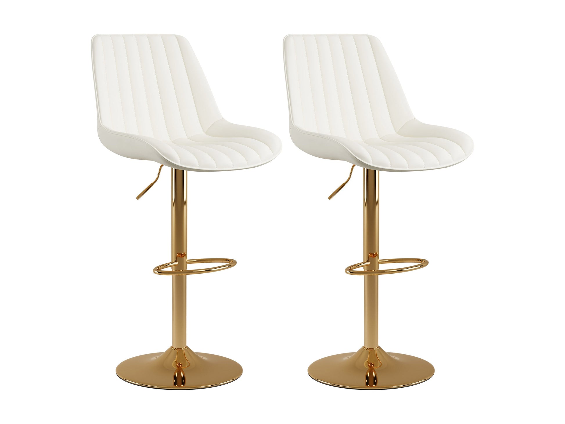 Adjustable white bar stools, set of 2, with gold legs and sleek modern design.