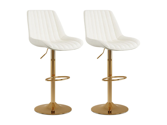 Adjustable white bar stools, set of 2, with gold legs and sleek modern design.