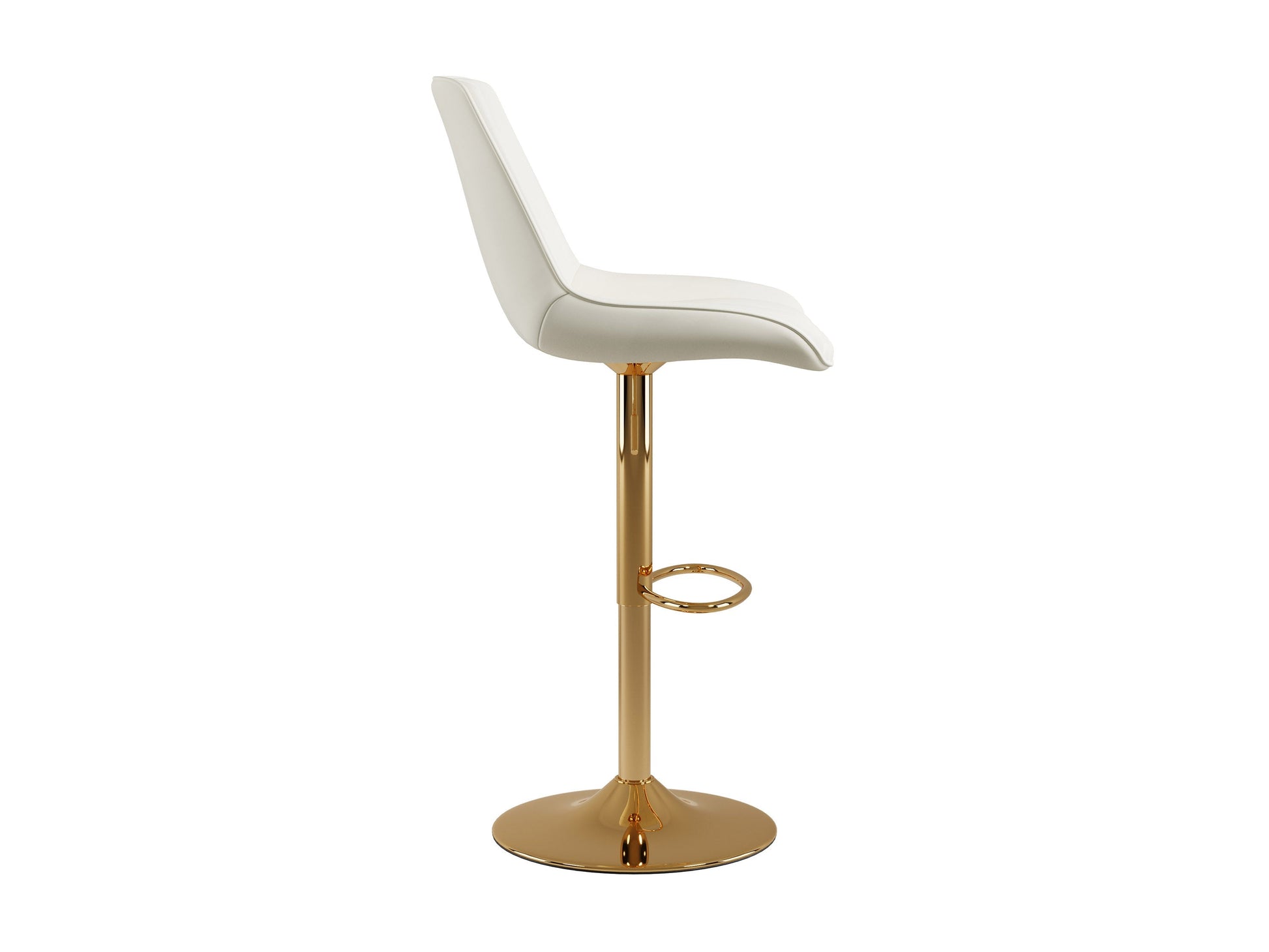 Gold adjustable bar stools, white cushioned seat, set of 2, modern design, metal frame, sleek and stylish.