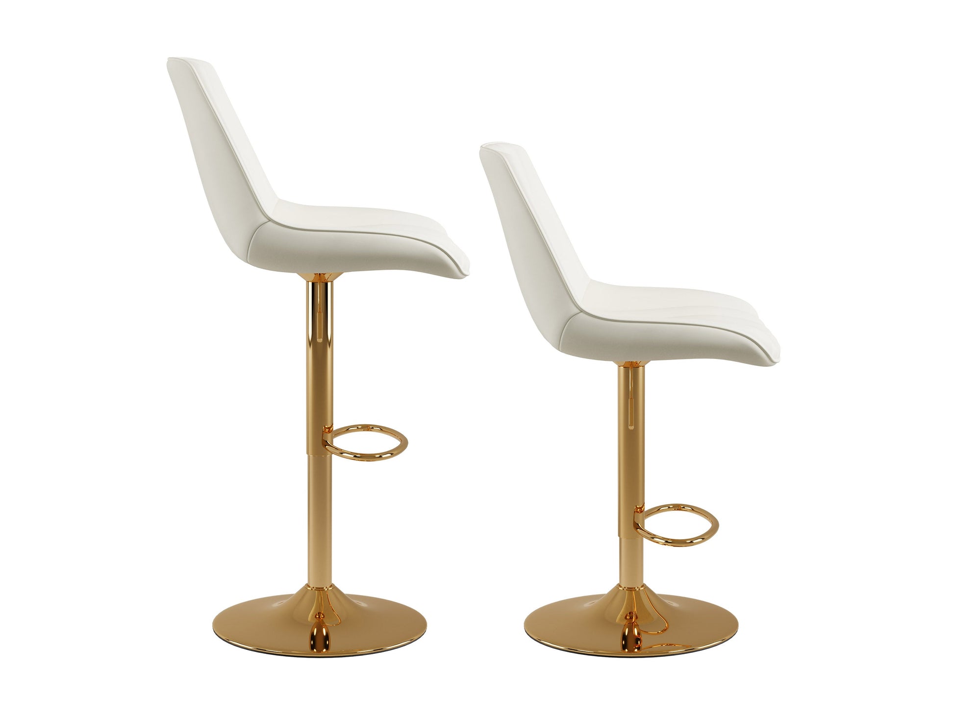 Gold adjustable bar stools, set of 2, white cushioned seats with sleek modern design and metal frames.
