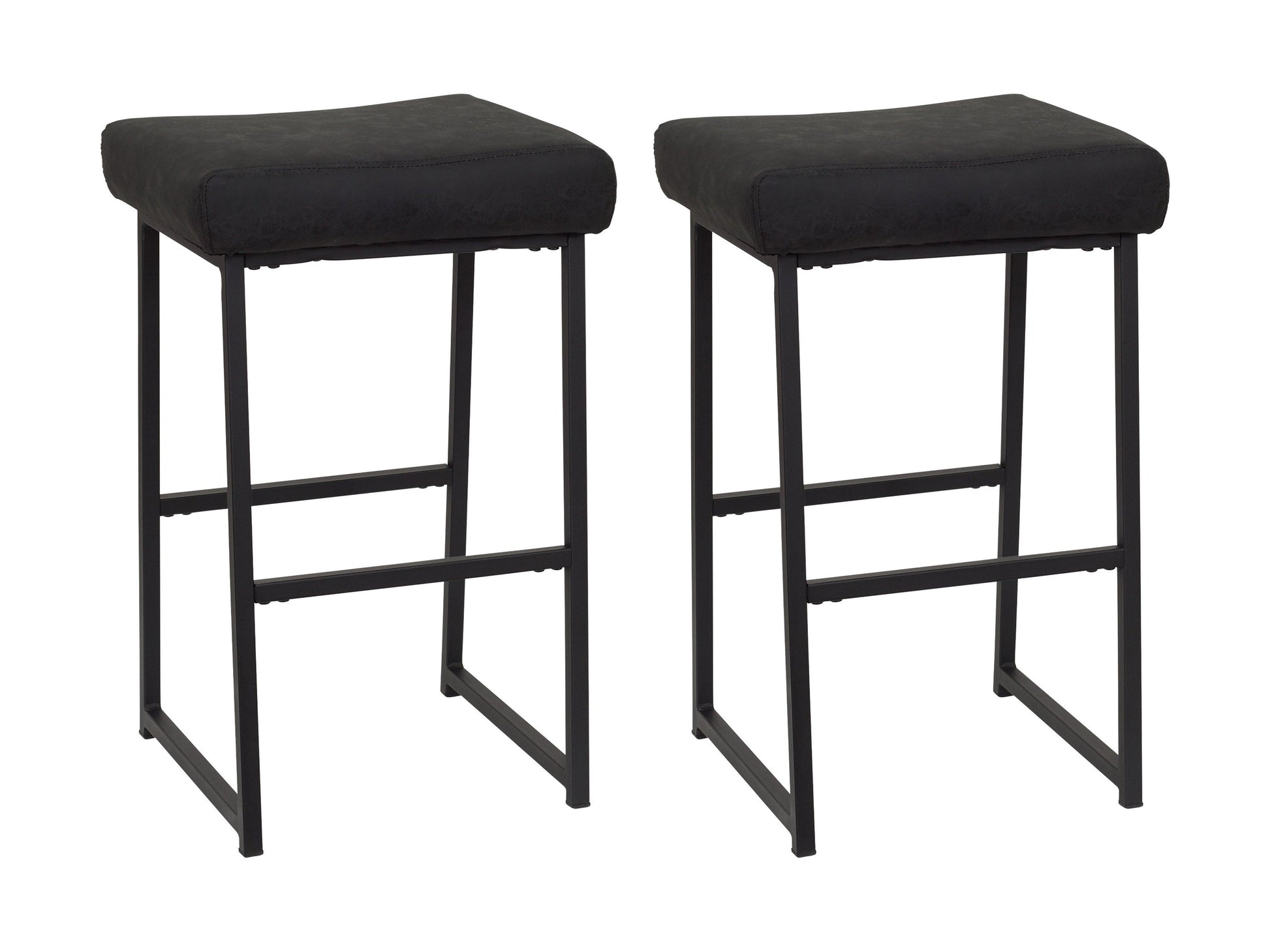 Set of 2 black backless bar stools with cushioned seats, sleek metal legs, and modern minimalist design.