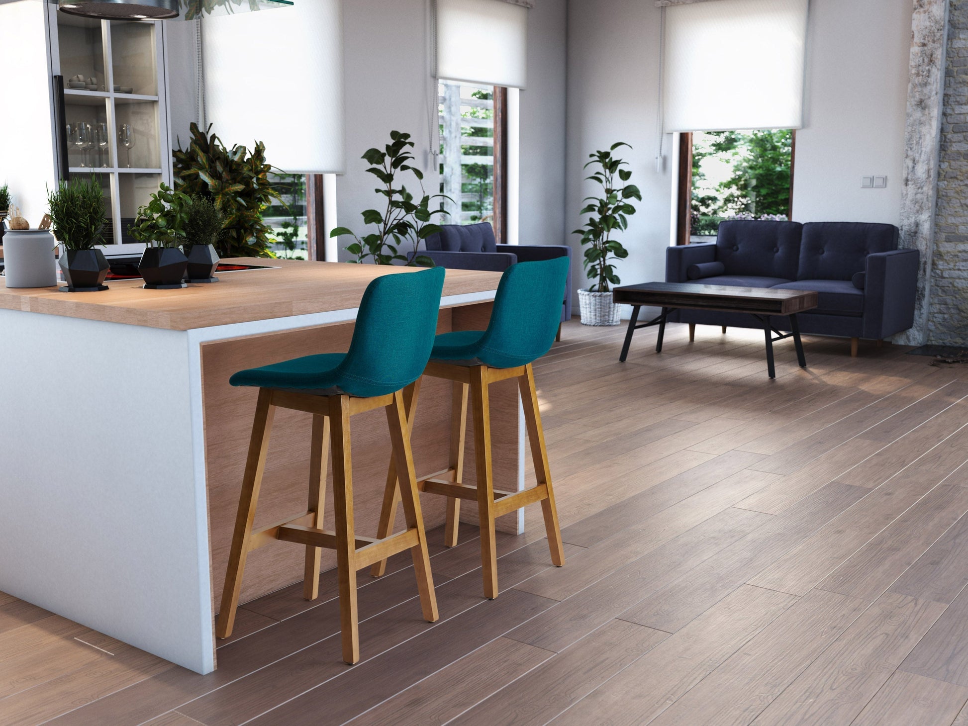 Set of 2 blue wood bar stools with cushioned seats and backrests, featuring sleek, modern design and sturdy construction.