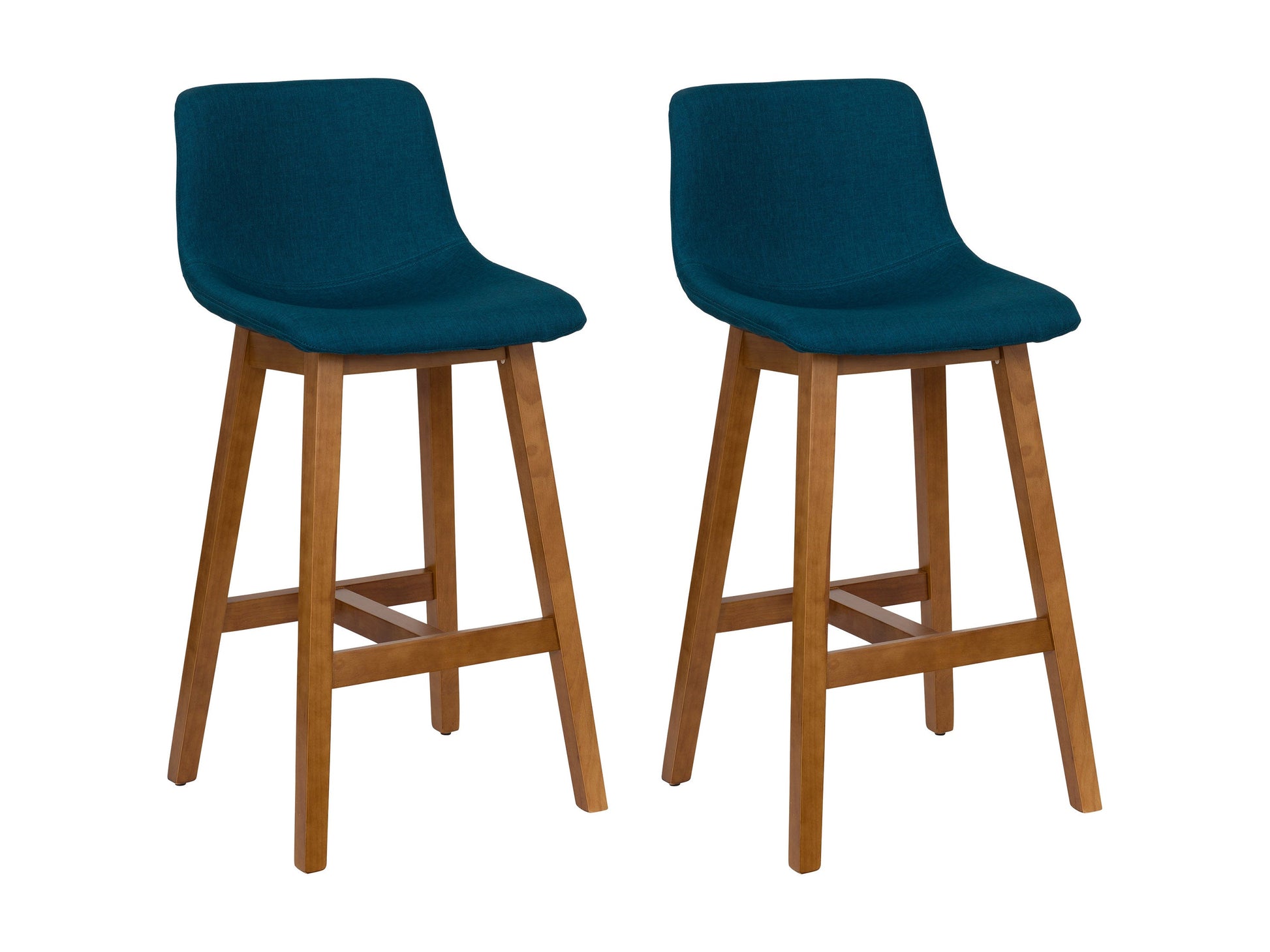 Blue wooden bar stools set of 2 with cushioned seats, curved backrest, and sleek design for modern kitchens and bars.