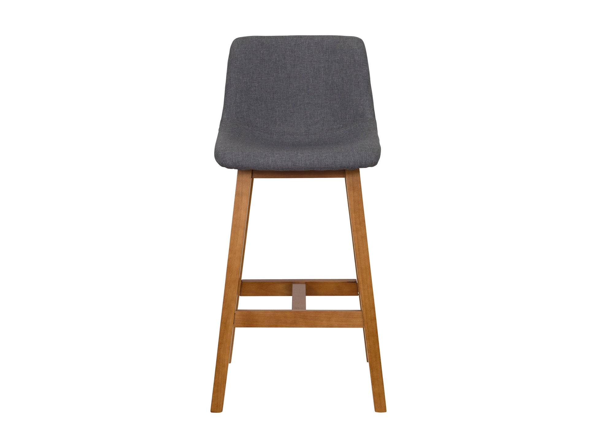Set of 2 grey wood bar stools with cushioned seats and sleek design.