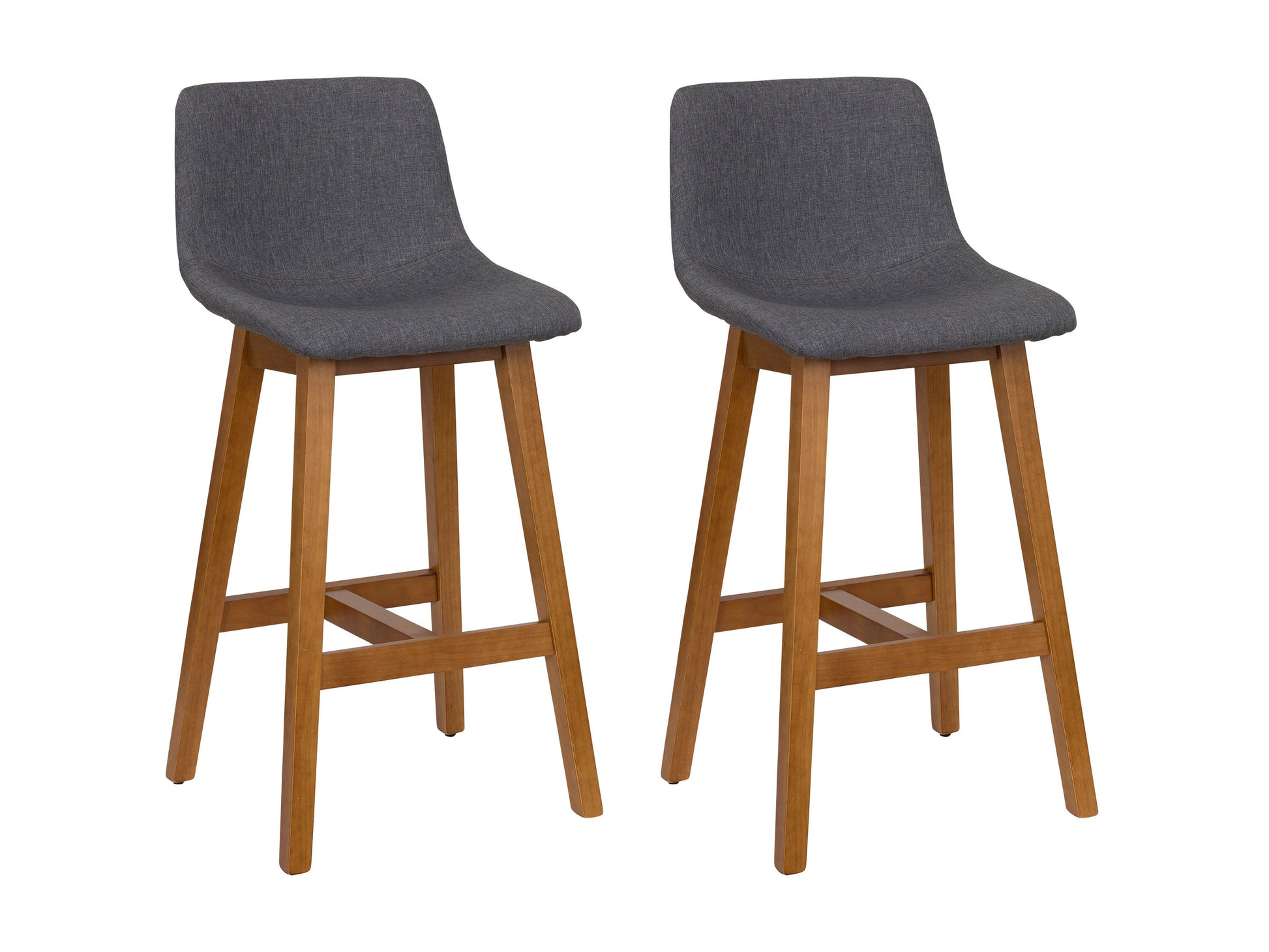 Grey wood bar stools set of 2 with cushioned seats, sleek design, and sturdy wooden legs for modern kitchens and bars.
