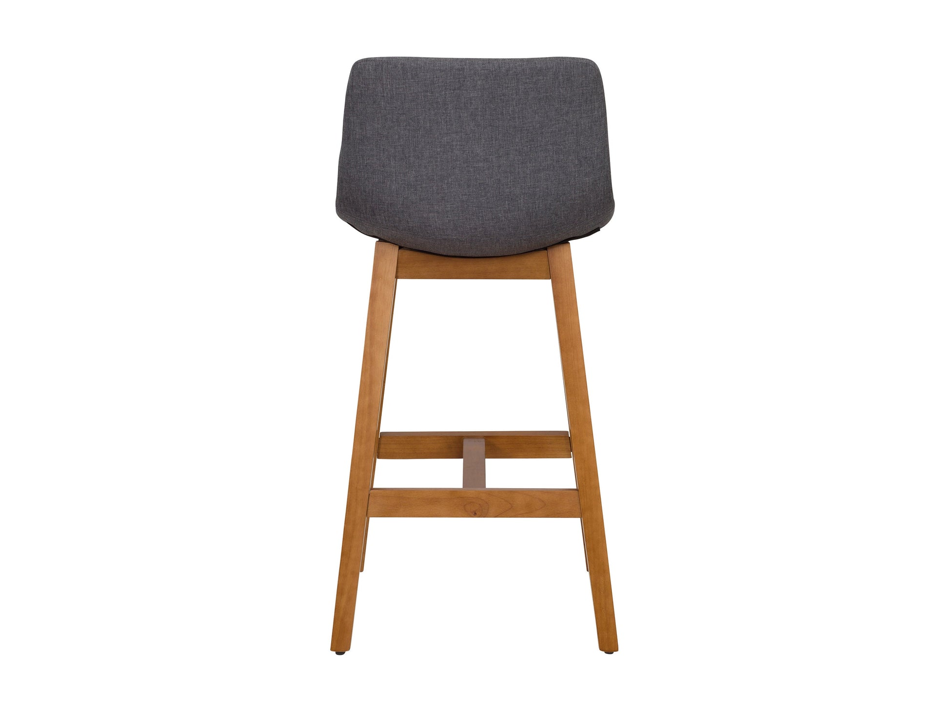 Grey wood bar stools set of 2 with cushioned seats and backrests, sleek design, and sturdy wooden legs.