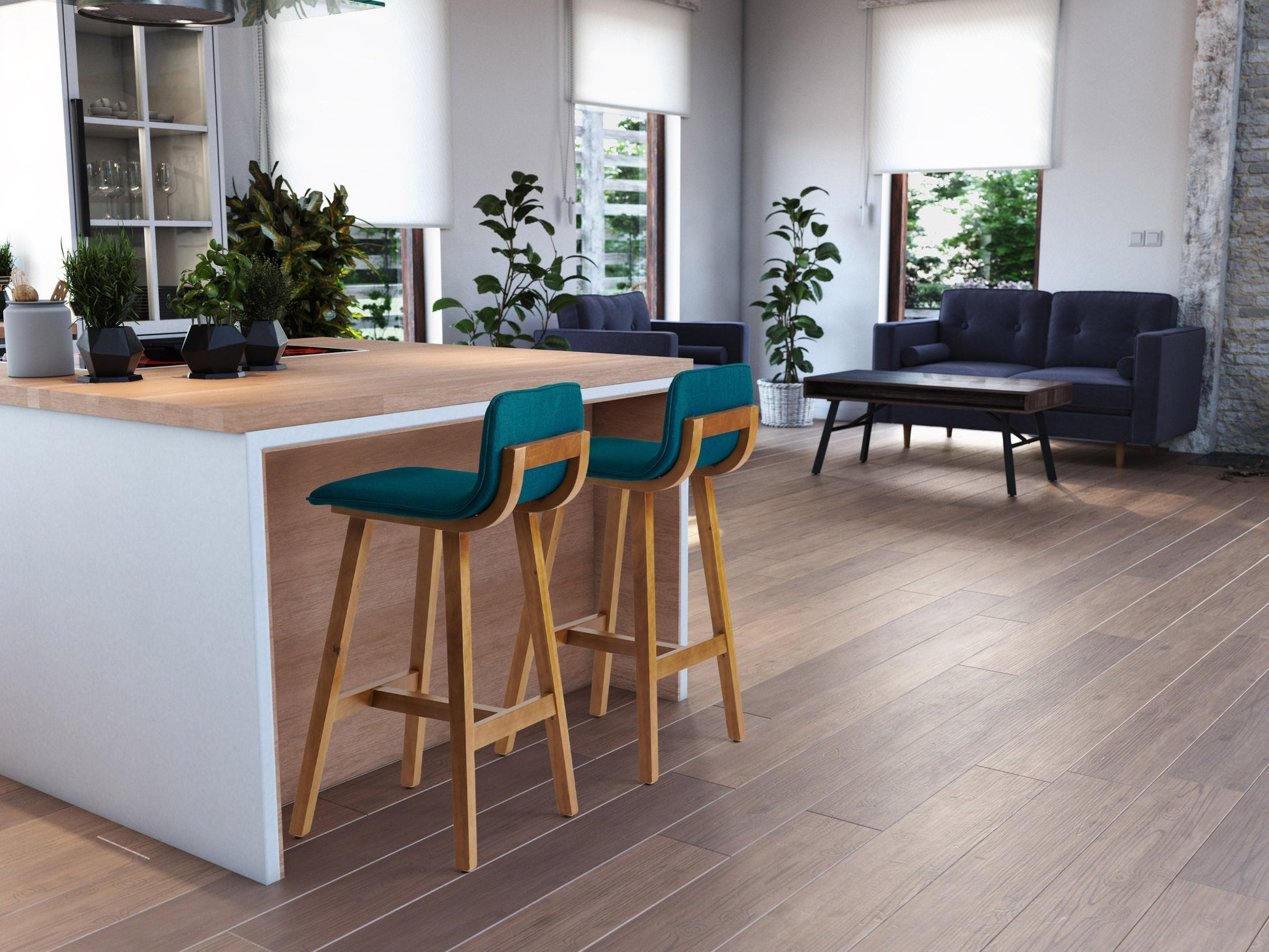 Blue wooden bar stools, set of 2, with curved seats and backrests, modern design, and sturdy construction.