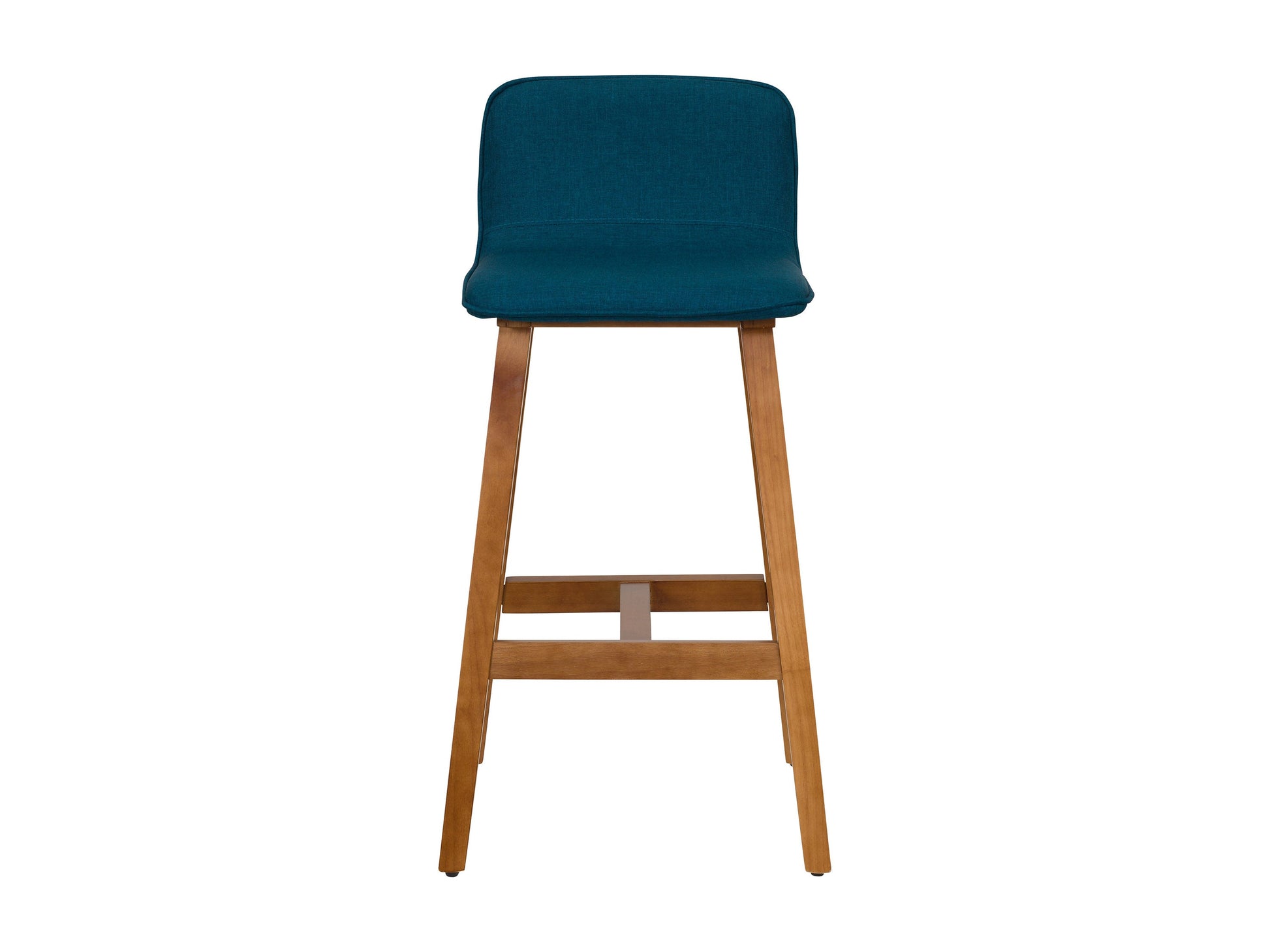 Blue wooden bar stools, set of 2, with cushioned seats, curved backs, and sleek design for modern kitchen or bar.