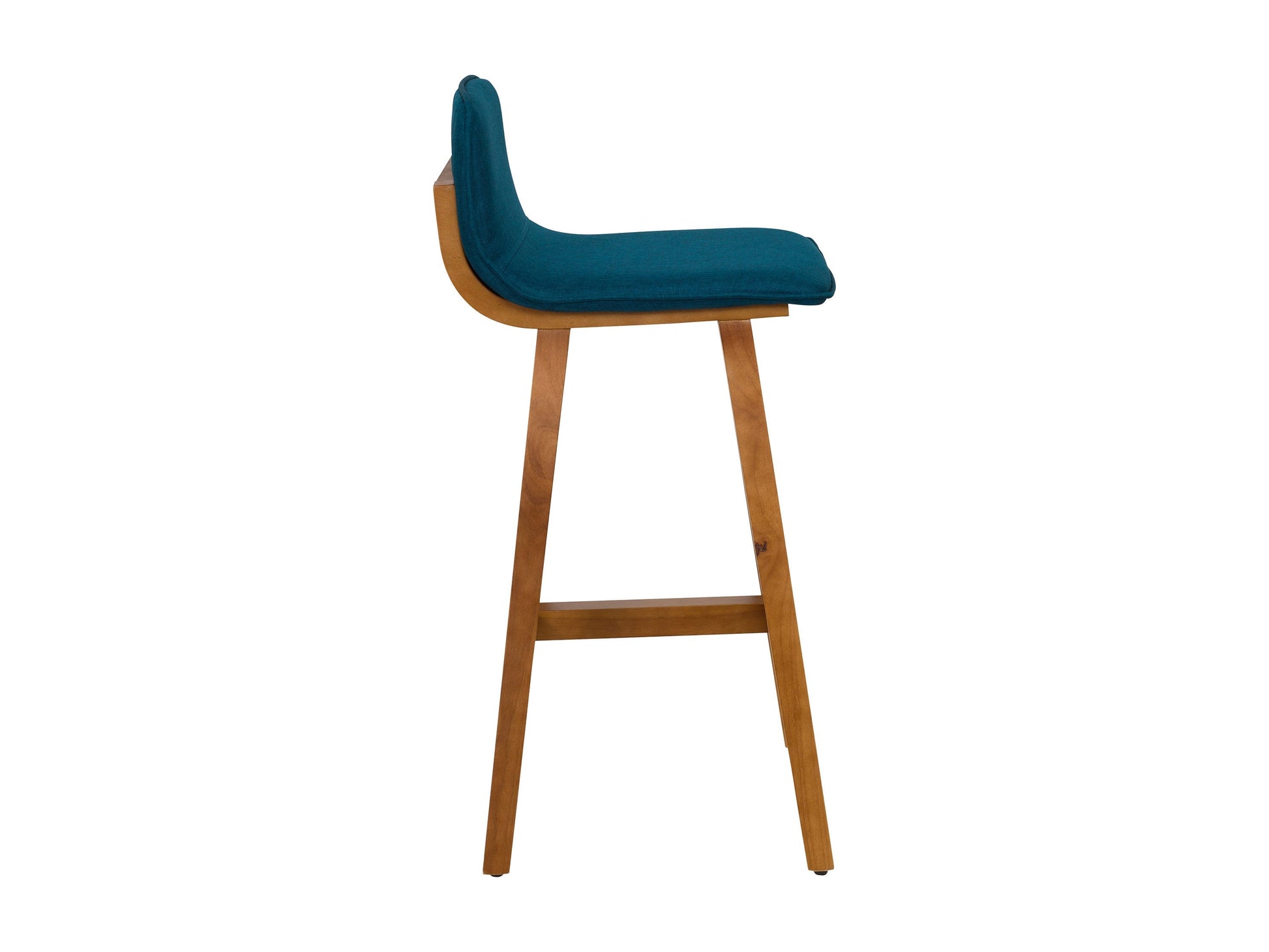Blue wooden bar stools, set of 2, with cushioned seats and backrests, featuring a sleek and modern design.