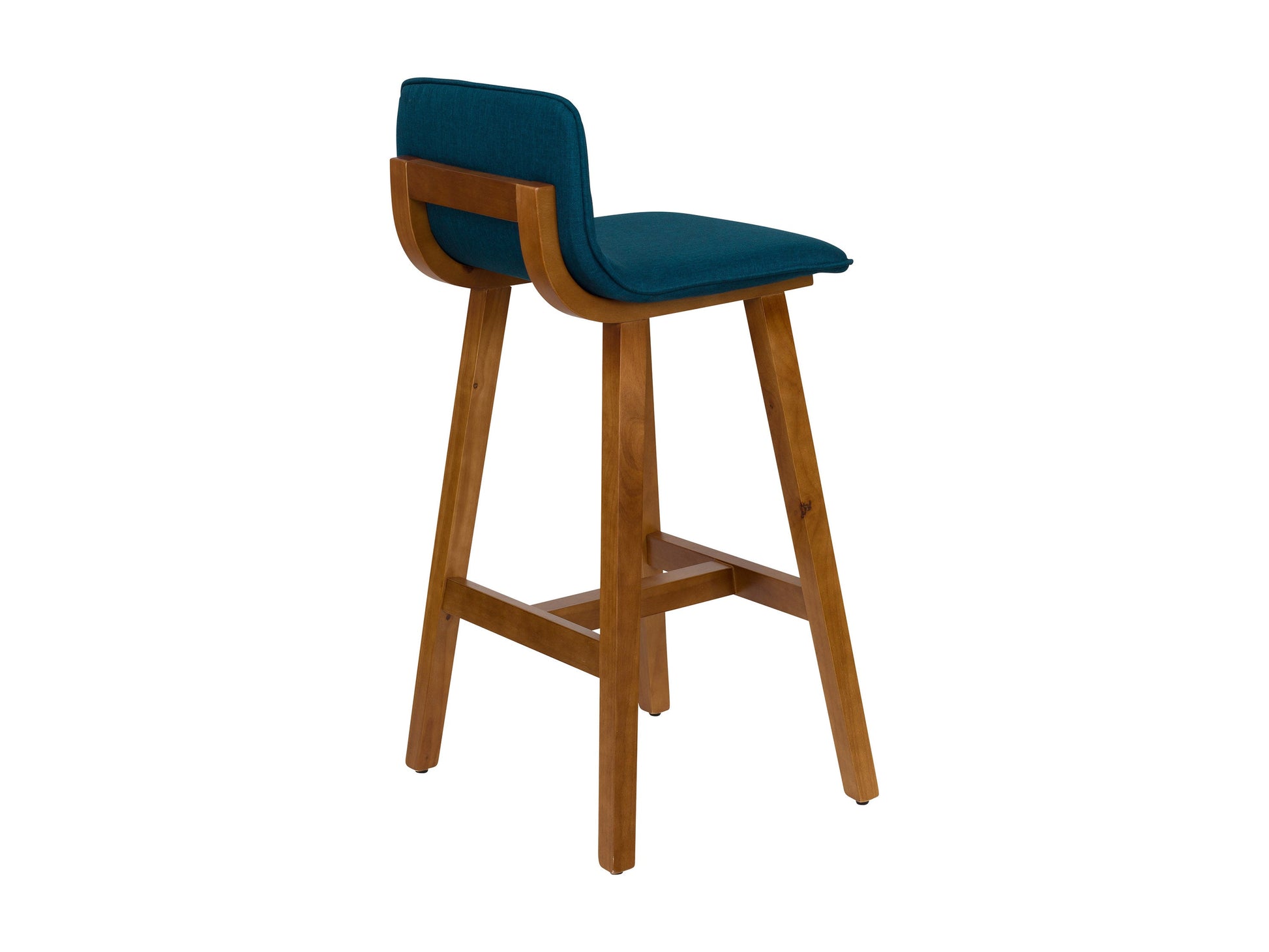 Set of 2 blue wooden bar stools with cushioned seats, curved backs, and sturdy legs, perfect for kitchen or home bar.