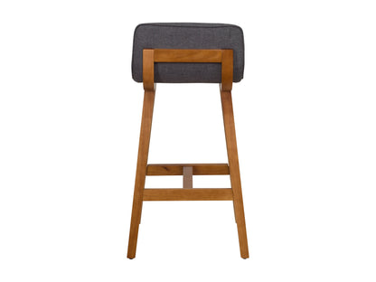 Set of 2 grey wooden bar stools with cushioned seats and sleek design.