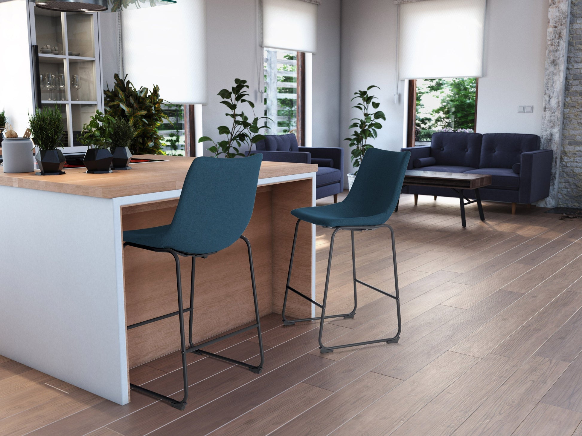 Blue upholstered bar stool with wooden legs, cushioned seat, and backrest, perfect for modern kitchen or home bar.