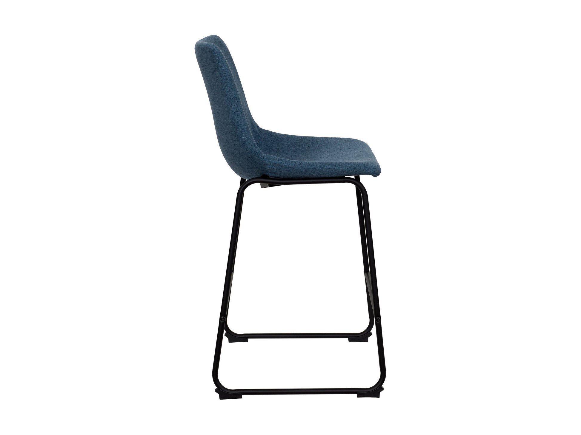 Blue upholstered bar stool with wooden legs, cushioned seat, and backrest, perfect for modern kitchen or bar areas.