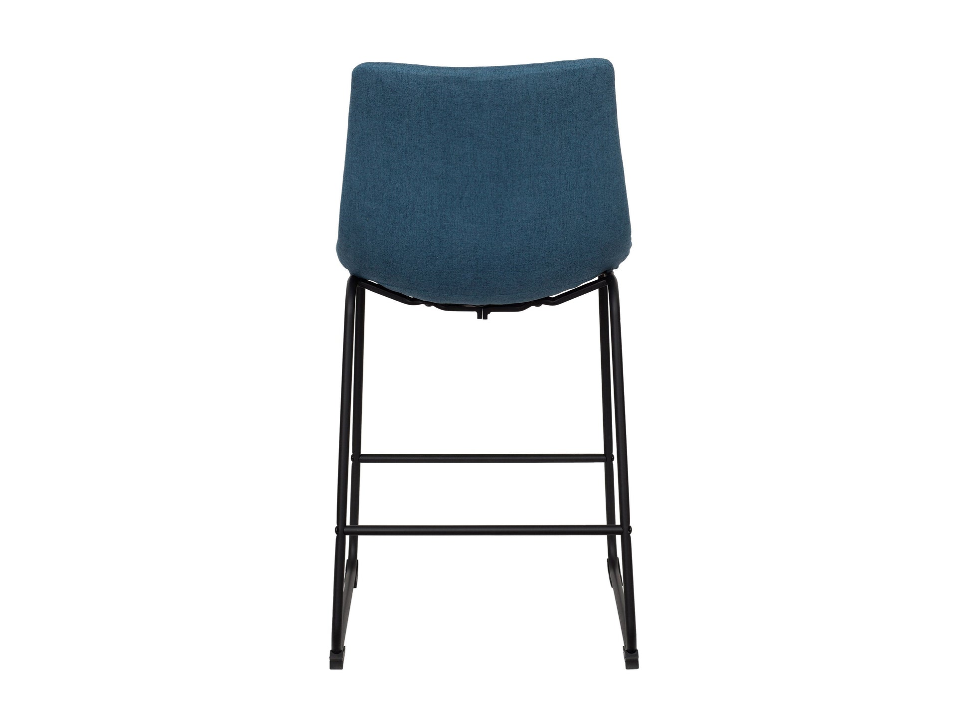 Blue upholstered bar stool with wooden legs, padded seat, and backrest, perfect for modern kitchen or bar spaces.