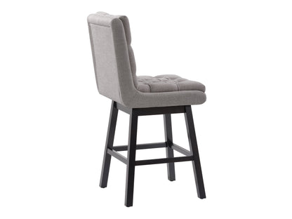 Light grey button tufted bar stool with wooden legs and sleek, minimalist design.