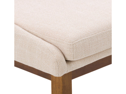 Beige modern bar stool with cushioned seat, wooden legs, and footrest, perfect for contemporary kitchen or bar areas.