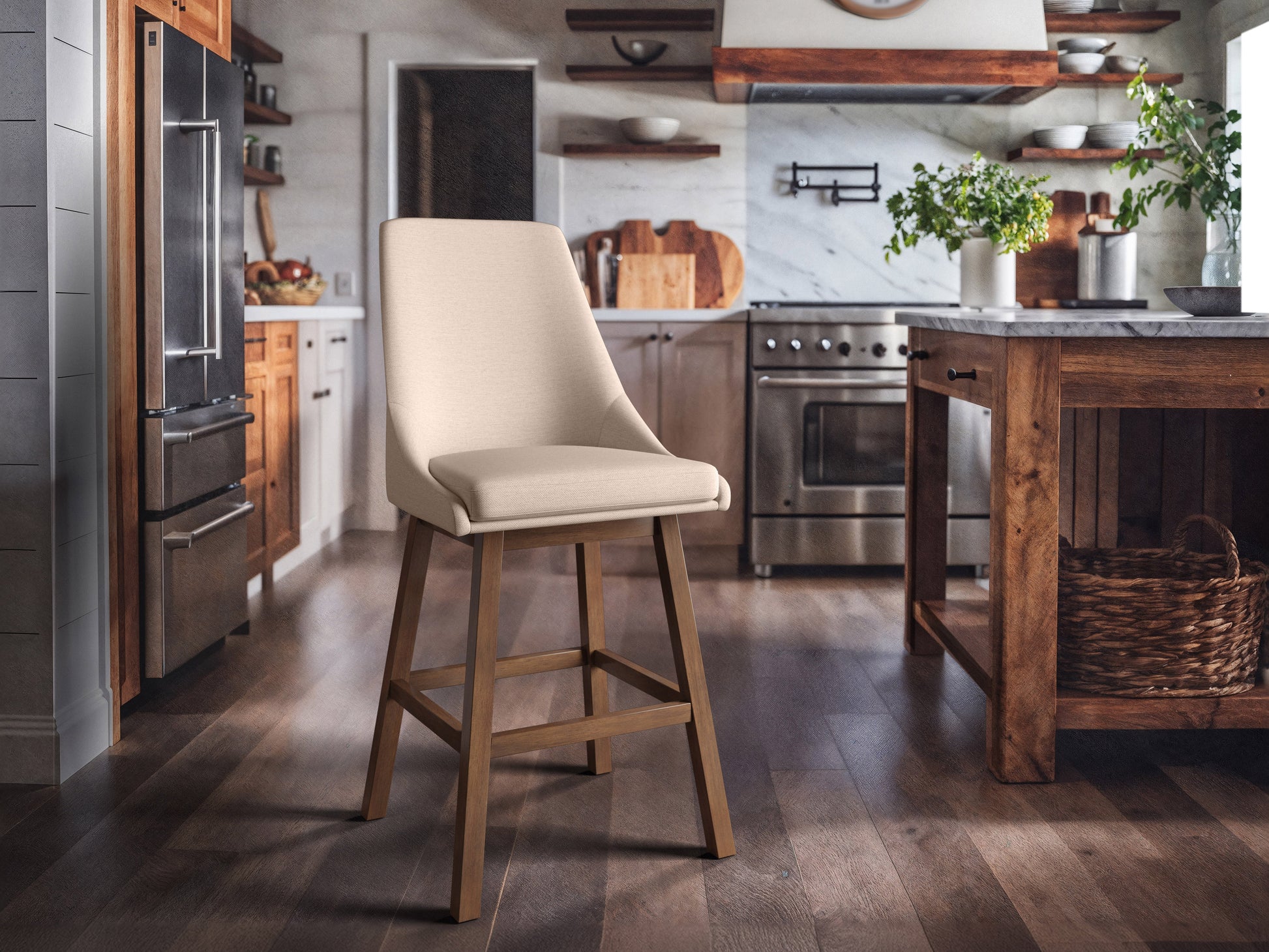 Beige modern bar stools with wooden legs, upholstered seats, and a sleek minimalist design.