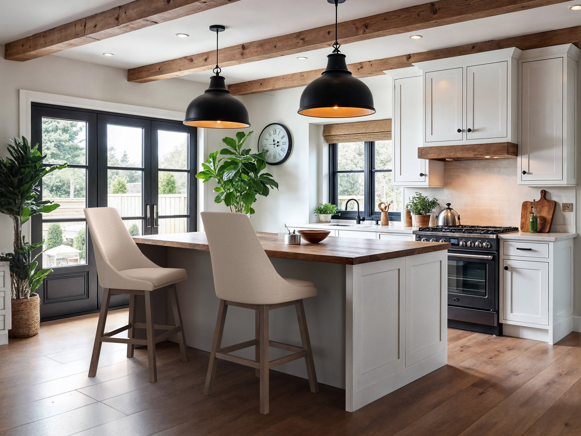 Beige modern bar stools with wooden legs, upholstered seats, and backrests, perfect for contemporary kitchen islands or bars.