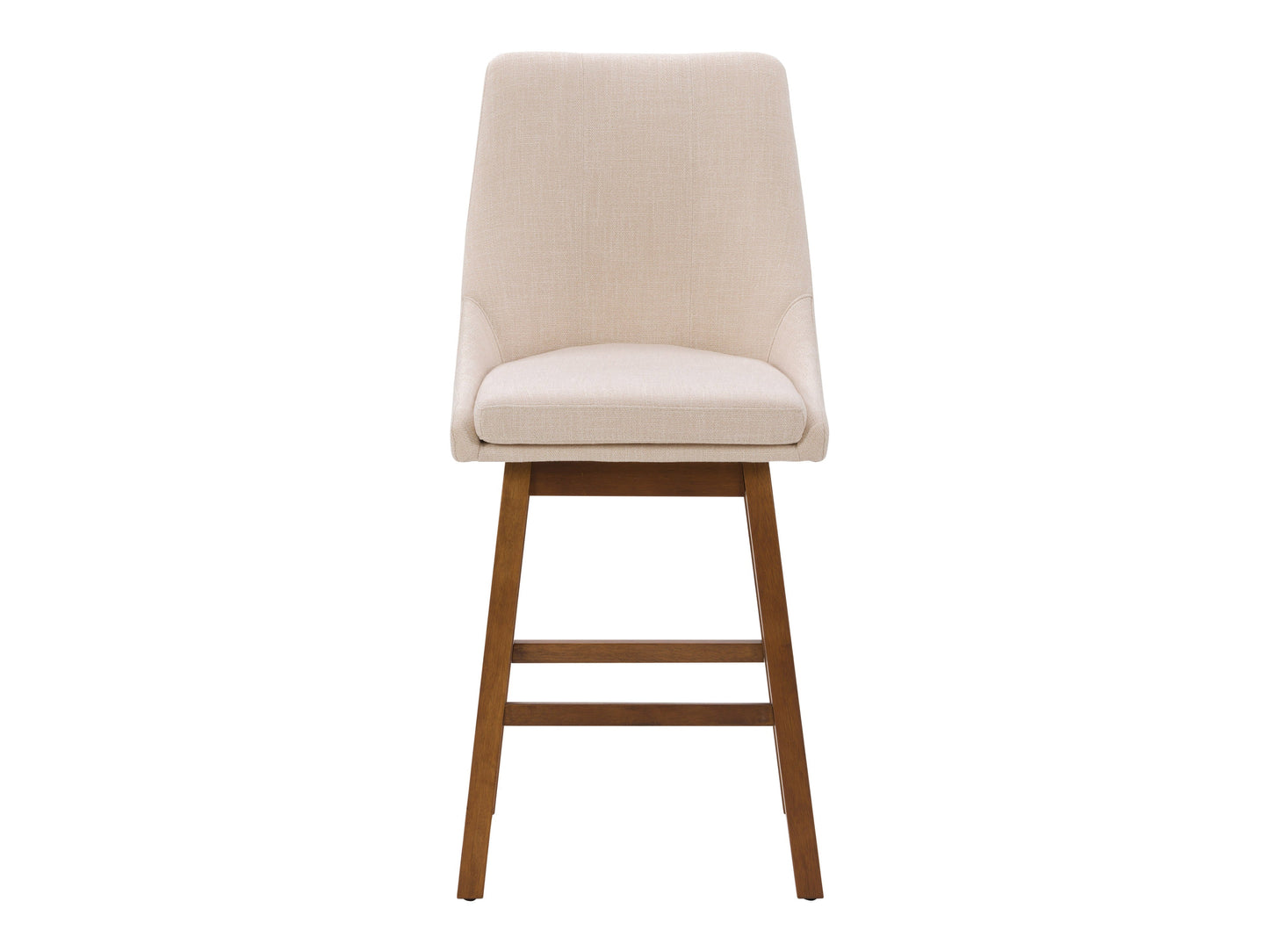 Beige modern bar stool with wooden legs, upholstered seat, and curved backrest.