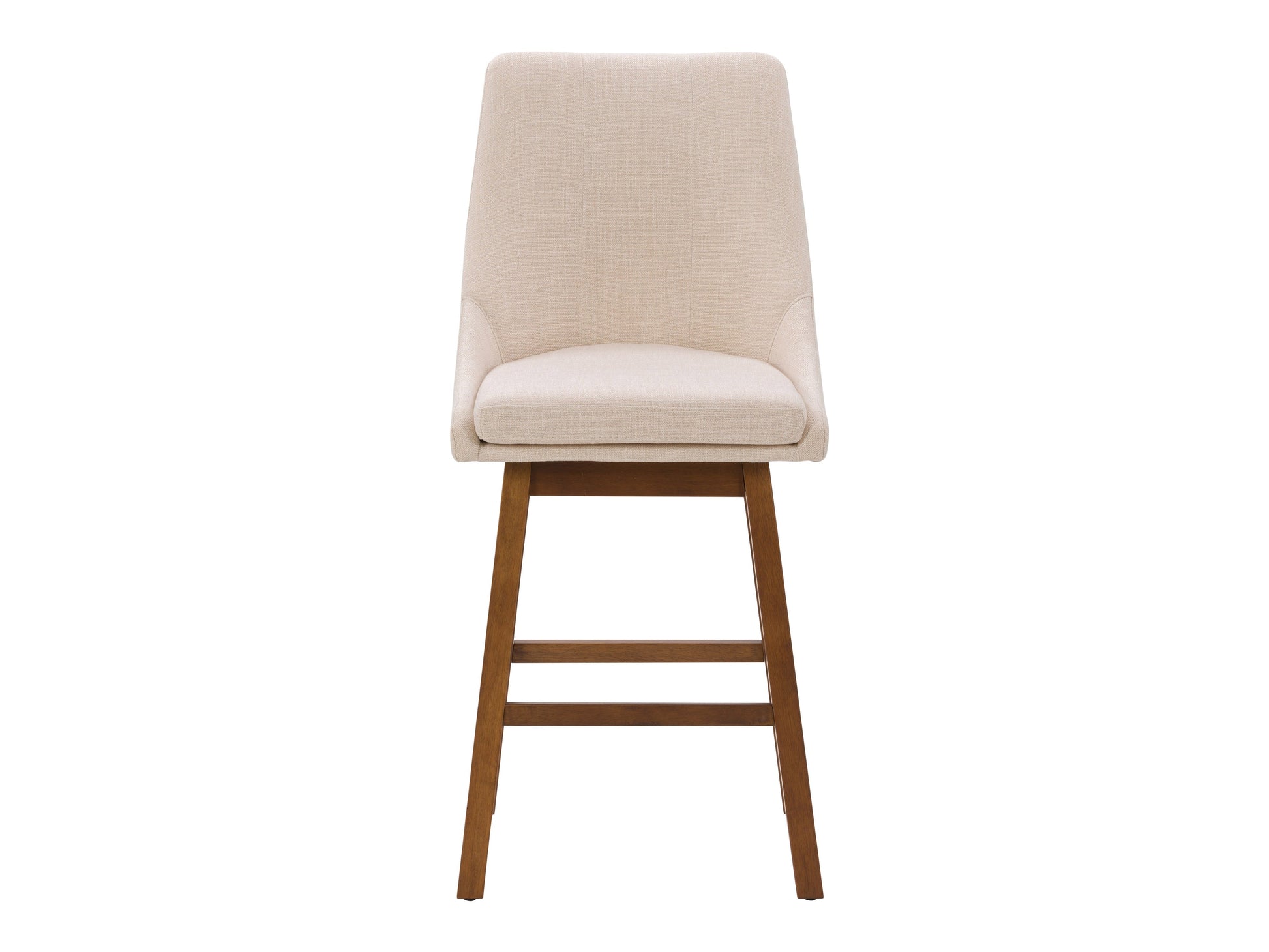 Beige modern bar stool with wooden legs, upholstered seat, and curved backrest.