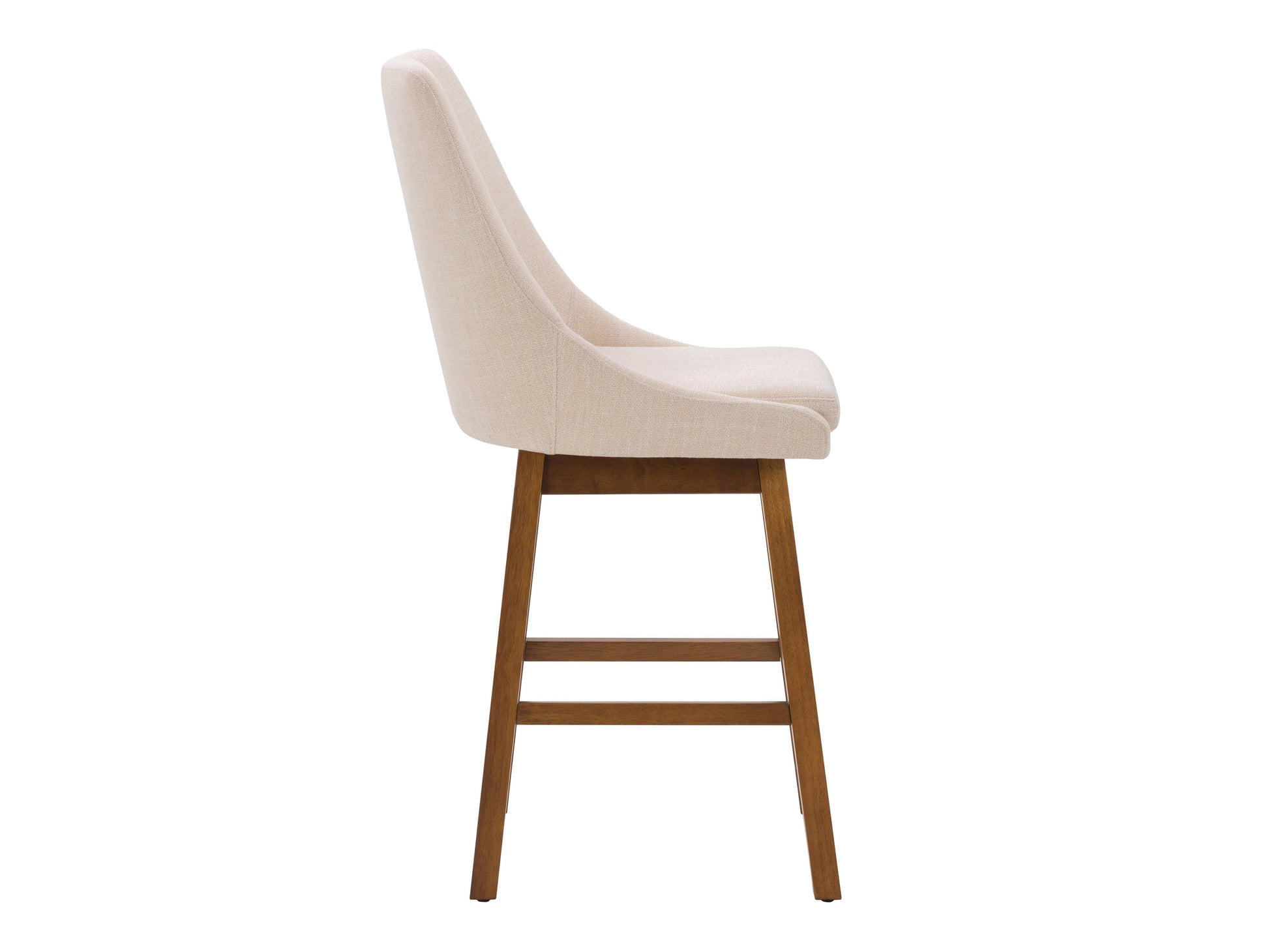 Beige modern bar stool with cushioned seat, wooden legs, and footrest, perfect for contemporary kitchen islands.