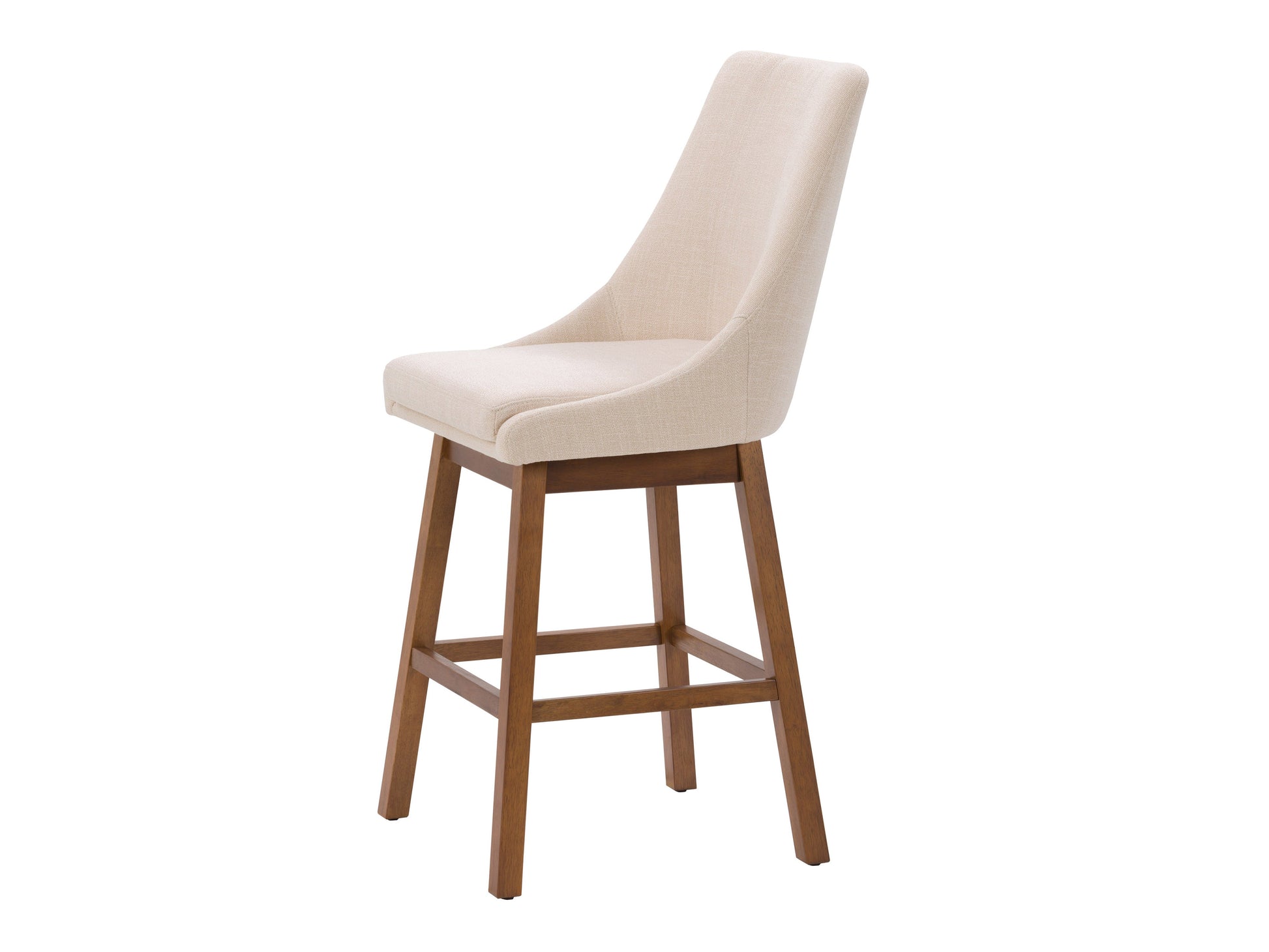 Beige modern bar stool with cushioned seat, black metal legs, and footrest for kitchen or home bar.