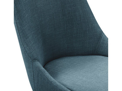 Blue modern bar stool with curved backrest, cushioned seat, and sleek black metal legs.