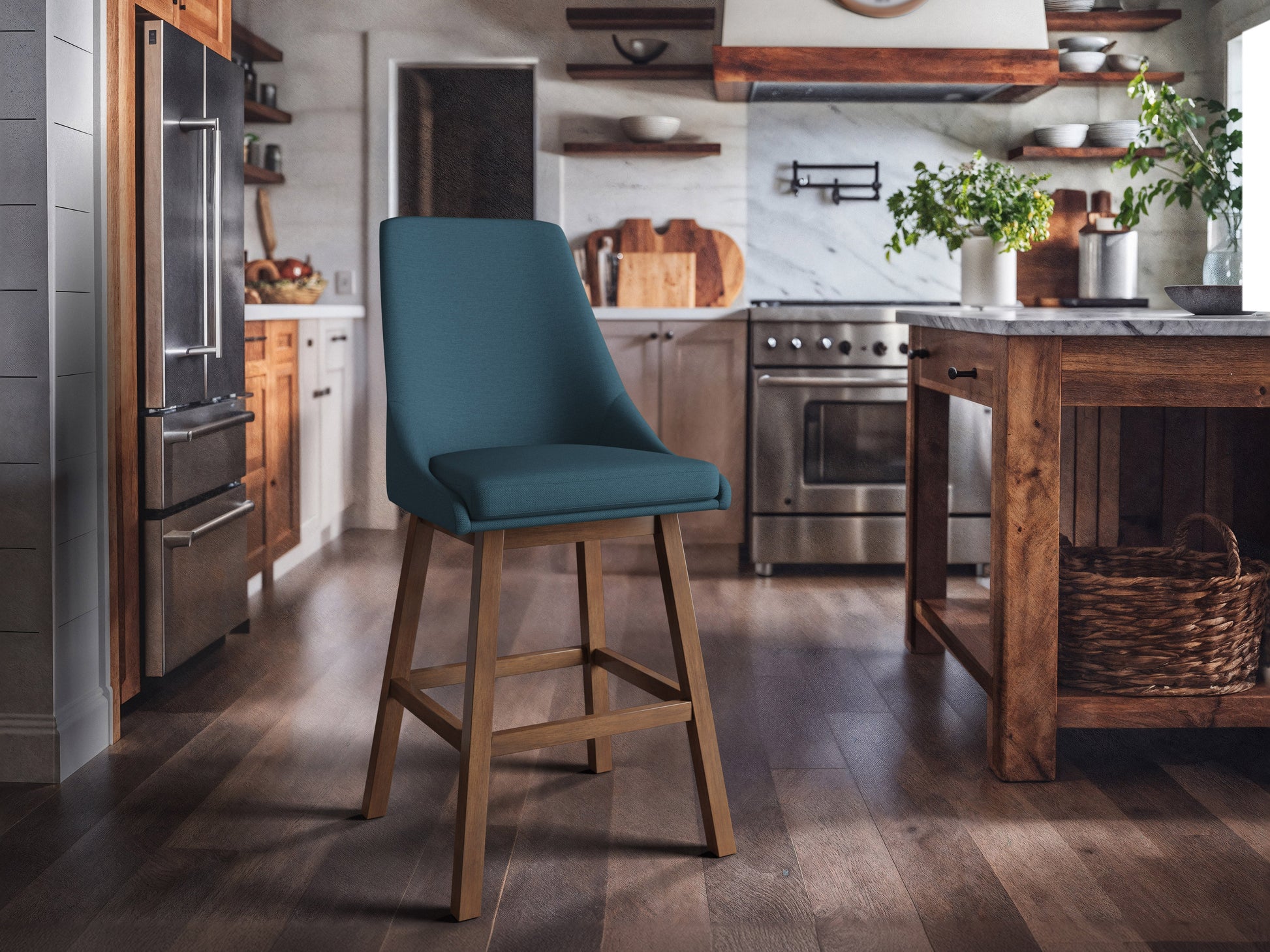 Blue modern bar stools with padded seats, sleek metal frames, and footrests in a contemporary kitchen setting.