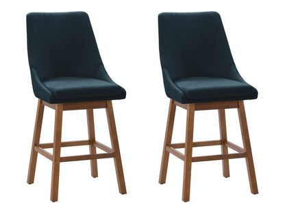 Two dark green bar stools with wooden legs