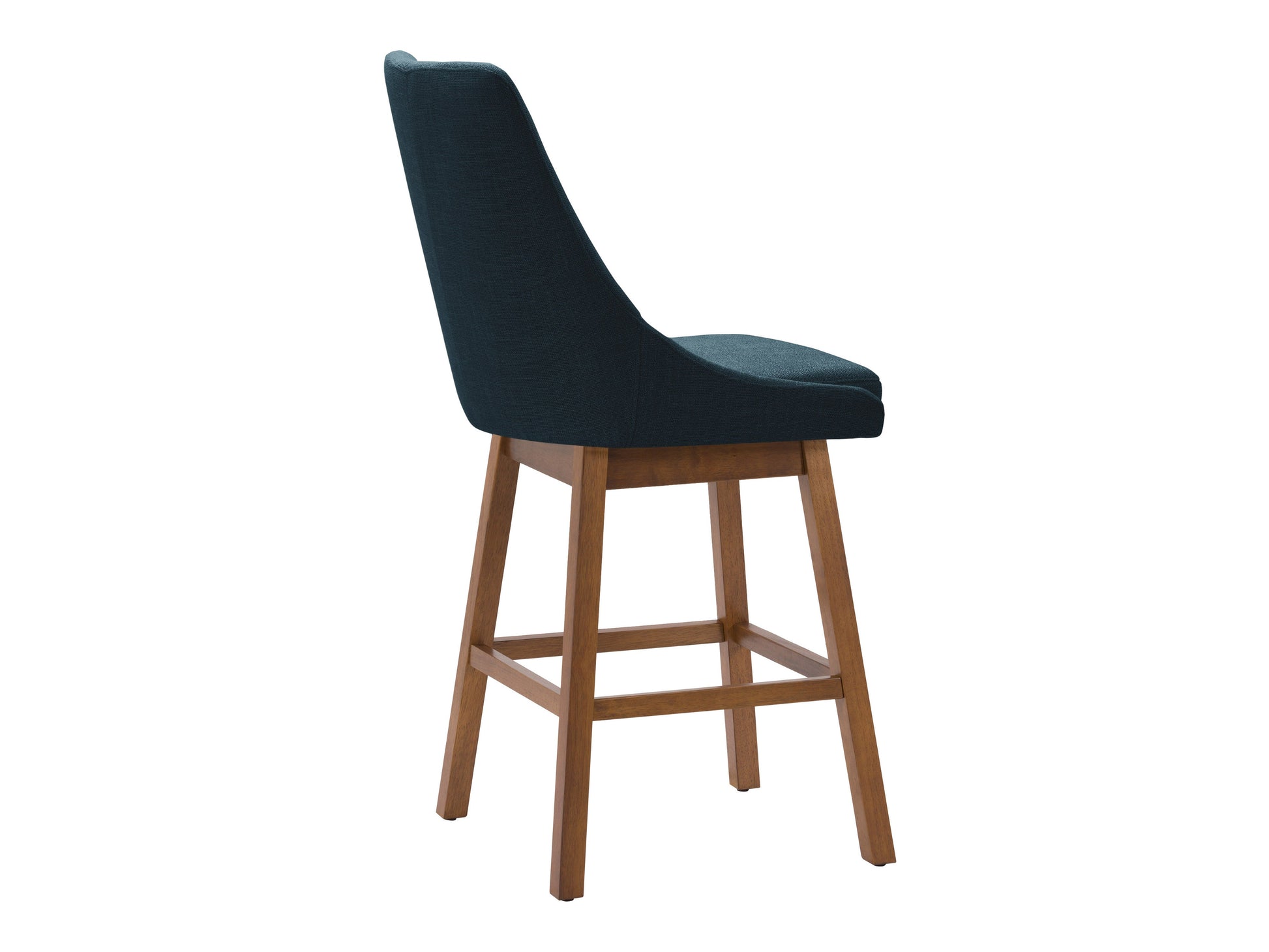 Blue modern bar stool with smooth fabric upholstery, sleek metal legs, and a comfortable footrest.