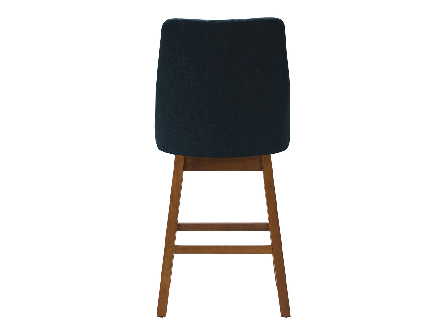 Blue modern bar stool with cushioned seat, black metal legs, and footrest, perfect for contemporary kitchen or bar areas.