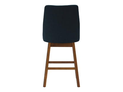 Blue modern bar stool with cushioned seat, black metal legs, and footrest, perfect for contemporary kitchen or bar areas.