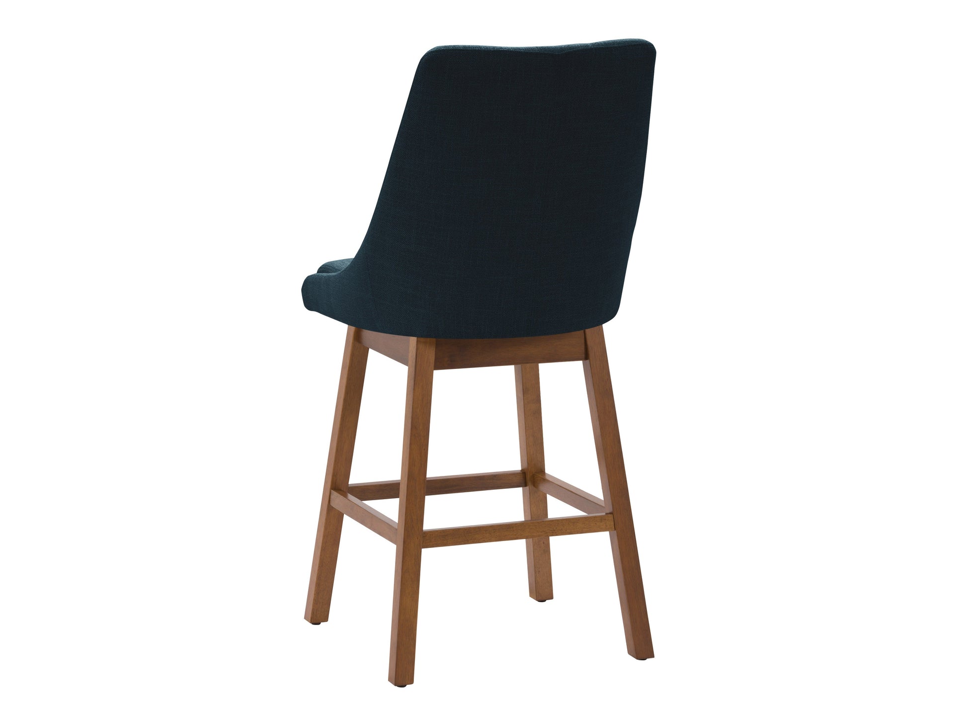 Blue modern bar stool with wooden legs and fabric seat, featuring a sleek design and comfortable backrest.