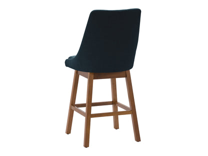 Blue modern bar stool with wooden legs and fabric seat, featuring a sleek design and comfortable backrest.