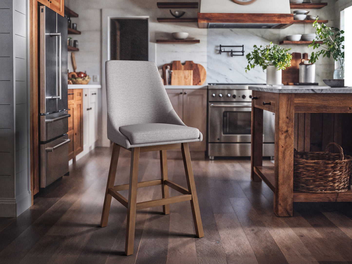 Light grey modern bar stool with wooden legs, fabric seat, and minimalist design.