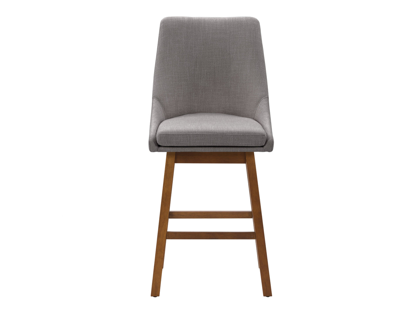 Light grey modern bar stool with fabric seat, wooden legs, and footrest.