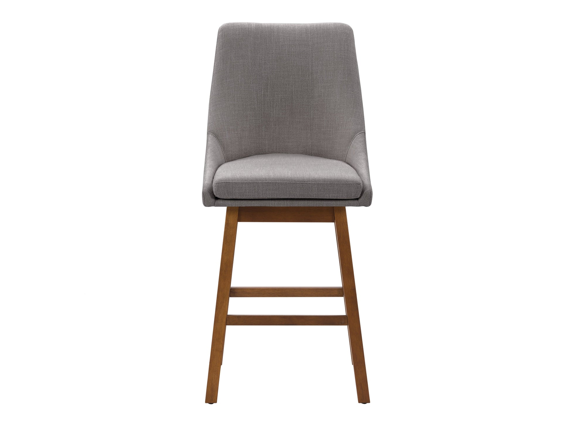 Light grey modern bar stool with fabric seat, wooden legs, and footrest.