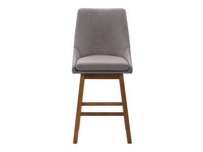 Light grey modern bar stool with fabric seat, wooden legs, and footrest.