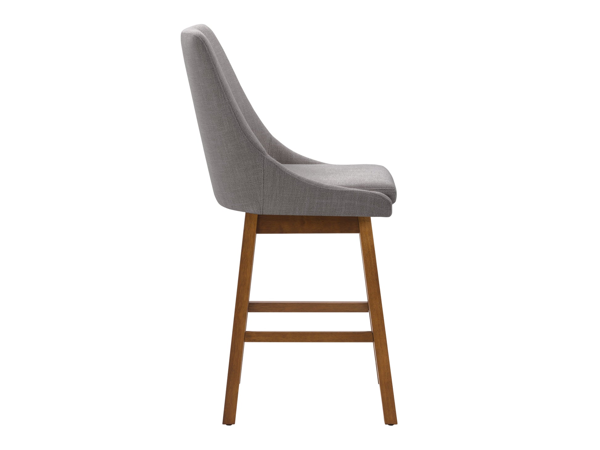 Light grey modern bar stools with fabric upholstery, wooden legs, and a minimalist design.