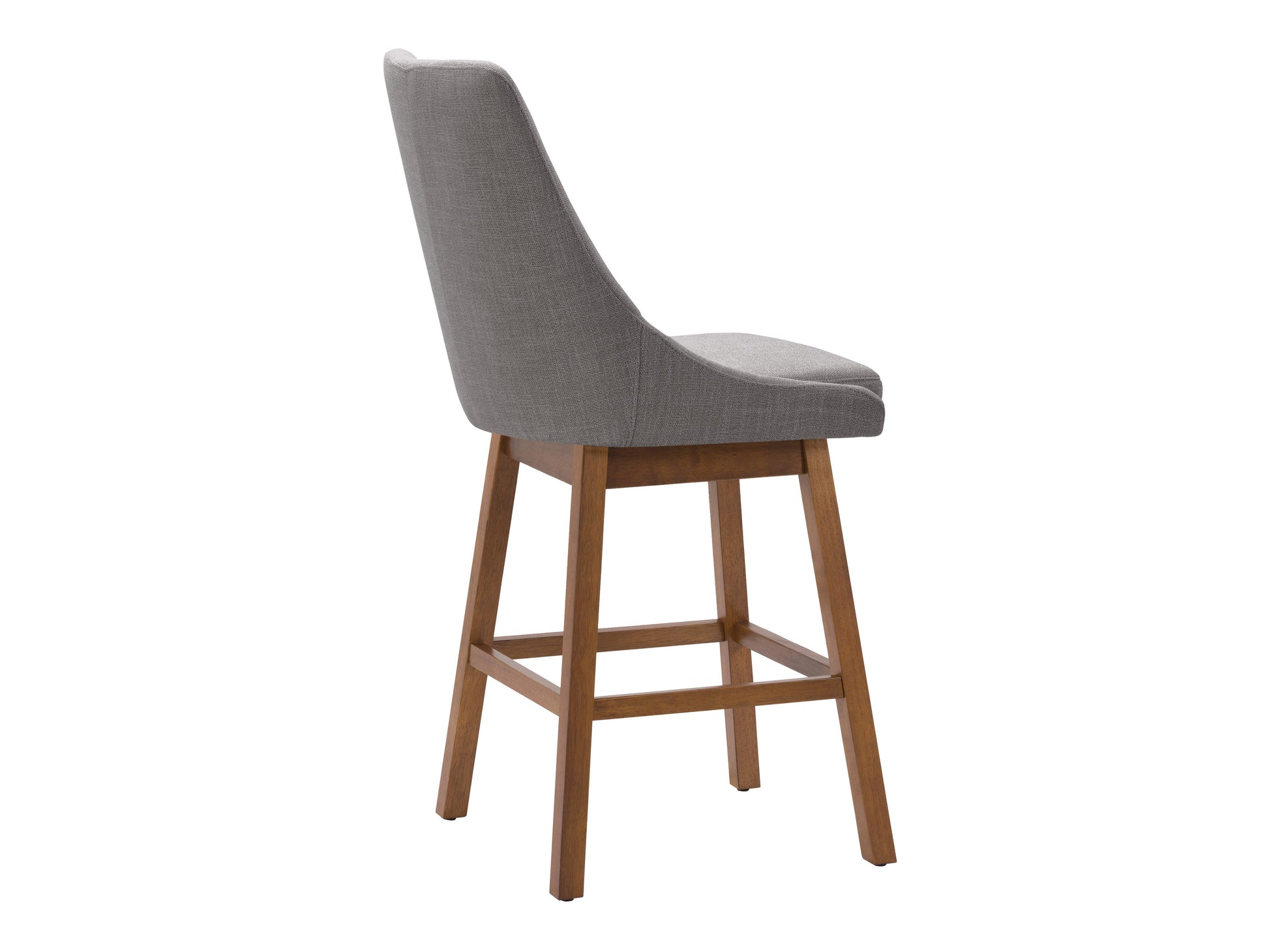 Light grey modern bar stool with fabric seat, wooden legs, and footrest, perfect for contemporary kitchen or bar settings.