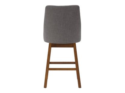 Light grey modern bar stool with fabric seat, wooden legs, and minimalist design.