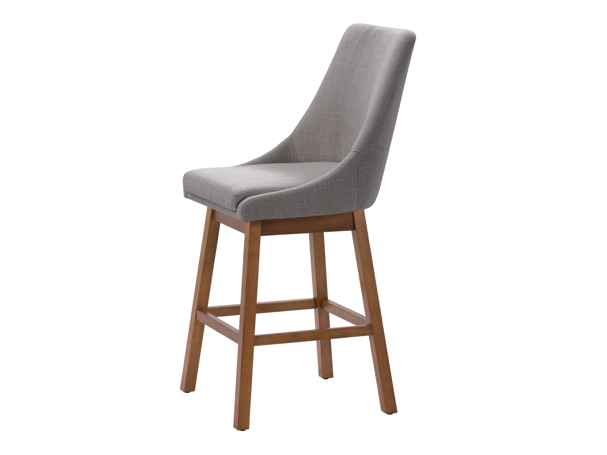 Light grey modern bar stools with fabric upholstery, wooden legs, and a minimalist design.