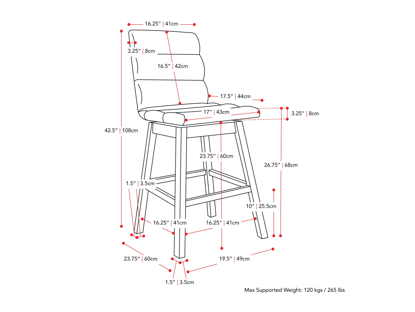 Dark grey channel tufted bar stool with wooden legs and a sleek, modern design.